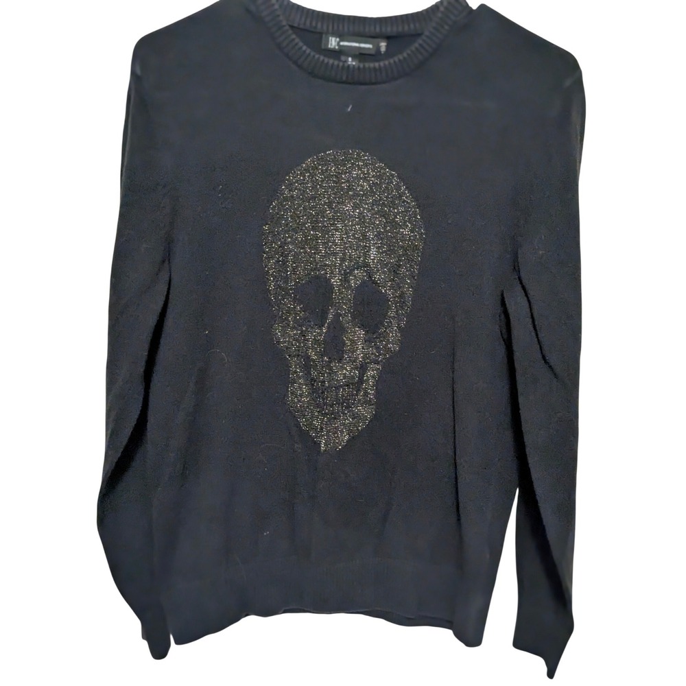 INC Gothic Sweater Women S Black Skull Metallic Graphic Long Sleeve Crew Neck
